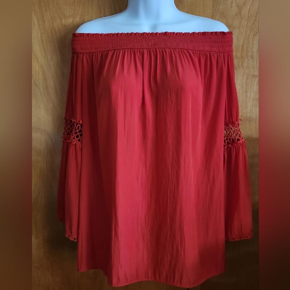 Chico's Crochet Details Off The Shoulder Red Top - Picture 4 of 15
